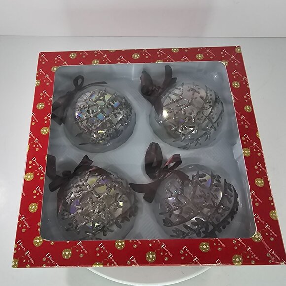 Set Of 4 Dillards Trimmings Glass Christmas Ornaments Glitter Tree Brown Ribbon - Picture 2 of 8